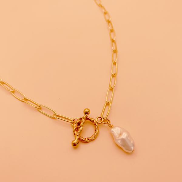 Collar eslabón con perla barroca borche de T chapa de oro de 14k - Image 3